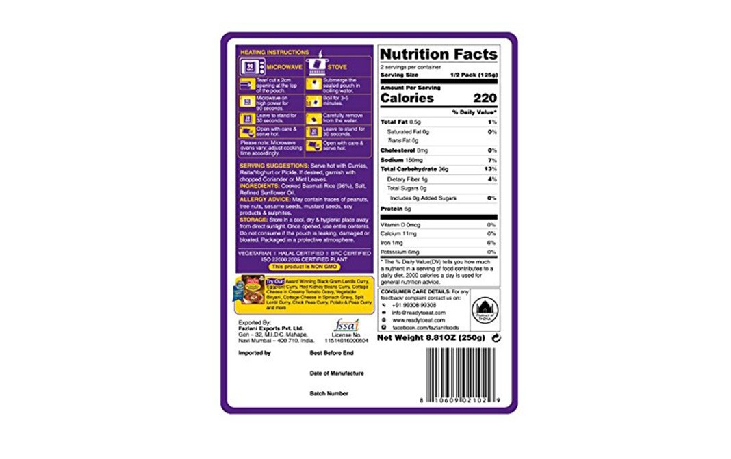 Fazlani Foods Steamed Basmati Rice    Pouch  250 grams